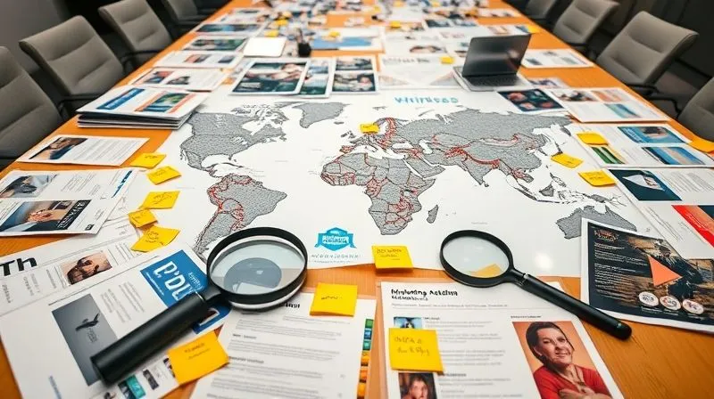 Photorealistic, professional photography, 8K, cinematic lighting, sharp focus, depth of field, shot on a high-end DSLR. A diverse collection of global marketing materials (brochures, website mockups, social media screenshots) laid out on a large conference table, with magnifying glasses and sticky notes indicating inconsistencies. The scene is brightly lit, emphasizing analysis and discovery, with a sense of organized chaos.