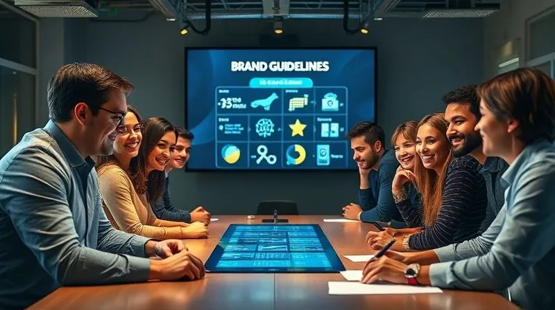 Photorealistic, professional photography, 8K, cinematic lighting, sharp focus, depth of field, shot on a high-end DSLR. A diverse group of smiling, engaged employees from different global backgrounds collaborating around a large table, looking at a shared digital screen displaying unified brand guidelines. The atmosphere is energetic and positive, with a strong sense of teamwork and shared purpose.