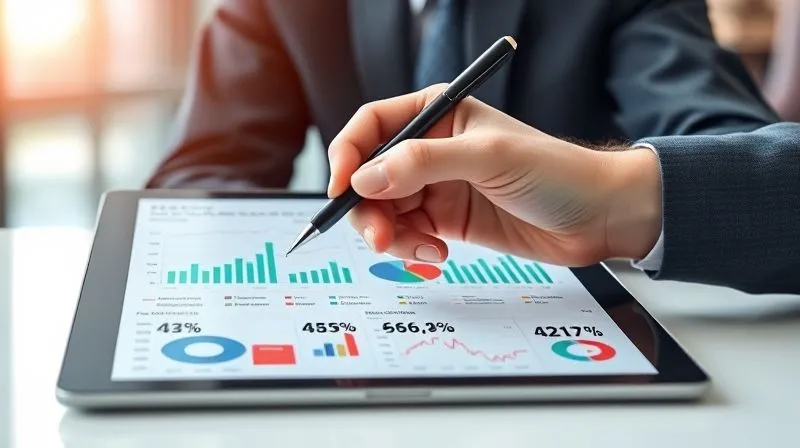 Photorealistic, professional photography, 8K, cinematic lighting, sharp focus, depth of field, shot on a high-end DSLR. A hand holding a pen, poised over a complex, data-rich dashboard displayed on a tablet. The dashboard shows various graphs and charts related to global brand performance, with some metrics highlighted in red and green, indicating areas for improvement and success. The background is a blurred, modern office environment, suggesting strategic decision-making.