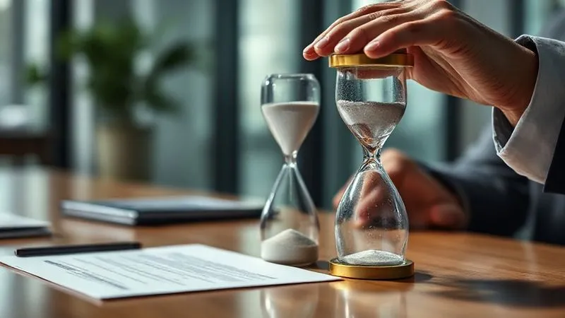 Photorealistic, professional photography, 8K, cinematic lighting, sharp focus, depth of field, shot on a high-end DSLR, a professional hand gently placing a hourglass on a meeting table next to a business proposal, with the sand visibly flowing, in a modern, well-lit office, conveying subtle urgency and the passage of time without aggressive pressure. Photorealistic, professional photography, 8K, cinematic lighting, sharp focus, depth of field, shot on a high-end DSLR, a professional hand gently placing a hourglass on a meeting table next to a business proposal, with the sand visibly flowing, in a modern, well-lit office, conveying subtle urgency and the passage of time without aggressive pressure.