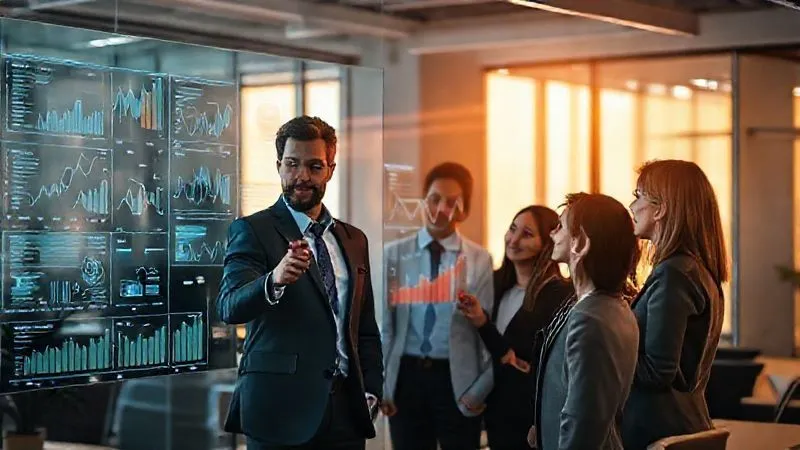 A photorealistic image of a diverse team of business professionals collaboratively analyzing data on a large transparent screen, displaying charts and graphs, in a modern, well-lit office. Cinematic lighting, sharp focus, depth of field, 8K hyper-detailed, professional photography, shot on a high-end DSLR. A photorealistic image of a diverse team of business professionals collaboratively analyzing data on a large transparent screen, displaying charts and graphs, in a modern, well-lit office. Cinematic lighting, sharp focus, depth of field, 8K hyper-detailed, professional photography, shot on a high-end DSLR.