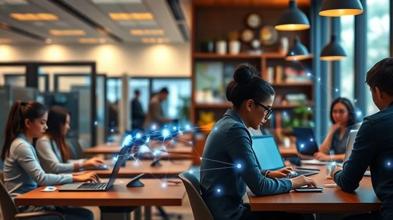 A photorealistic image showing a dynamic, evolving workplace. One side depicts traditional office cubicles fading into a blurred background, while the foreground showcases diverse individuals working flexibly from various locations (home office, co-working space, coffee shop) on sleek laptops, connected by glowing digital lines. Cinematic lighting, sharp focus on the connected individuals, depth of field, 8K hyper-detailed, professional photography, shot on a high-end DSLR. A photorealistic image showing a dynamic, evolving workplace. One side depicts traditional office cubicles fading into a blurred background, while the foreground showcases diverse individuals working flexibly from various locations (home office, co-working space, coffee shop) on sleek laptops, connected by glowing digital lines. Cinematic lighting, sharp focus on the connected individuals, depth of field, 8K hyper-detailed, professional photography, shot on a high-end DSLR.