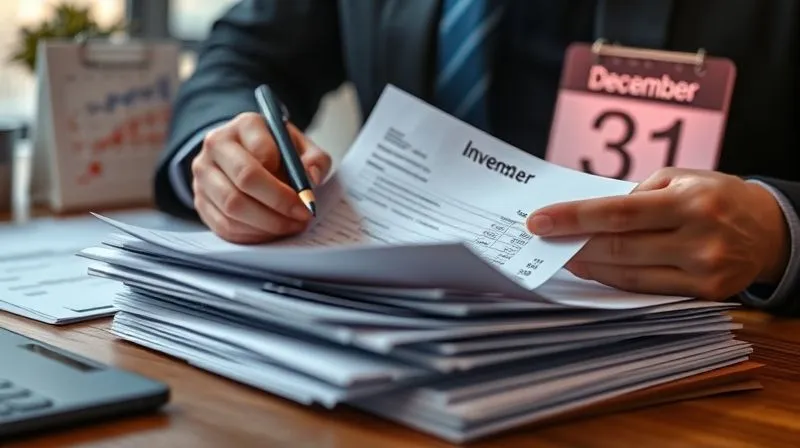A photorealistic image of a business person meticulously organizing receipts and invoices, with a calendar in the background highlighting December 31st. The scene is well-lit, showing attention to detail and financial diligence. Professional photography, 8K, cinematic lighting, sharp focus, depth of field.