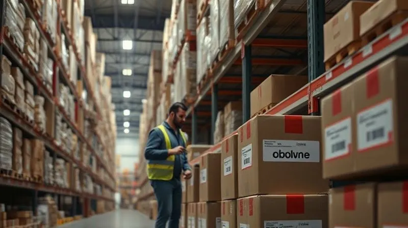 A photorealistic image of a warehouse aisle with shelves of goods, focusing on a section where a worker is tagging boxes with 'obsolete' or 'clearance' labels. The lighting is practical and clear, emphasizing organization and the act of inventory assessment. Professional photography, 8K, cinematic lighting, sharp focus, depth of field.