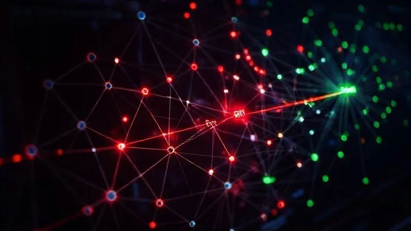 A complex network diagram showing different types of customer churn pathways, with some paths leading to a red "exit" point, while others loop back to a green "retention" point. The network is glowing with digital lines, highlighting the flow of customer journeys, set against a dark, analytical background. photorealistic, professional photography, 8K, cinematic lighting, sharp focus, depth of field, shot on a high-end DSLR.