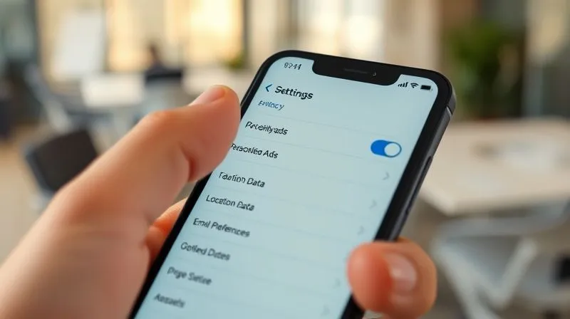 photorealistic, professional photography, 8K, cinematic lighting, sharp focus, depth of field, shot on a high-end DSLR. A clean, modern smartphone screen displaying a user-friendly privacy settings menu with toggle switches for various data permissions (e.g., 'Personalized Ads', 'Location Data', 'Email Preferences'). A human thumb is hovering over one of the toggles, ready to make a selection. The background is a softly blurred office environment, suggesting control and transparency.