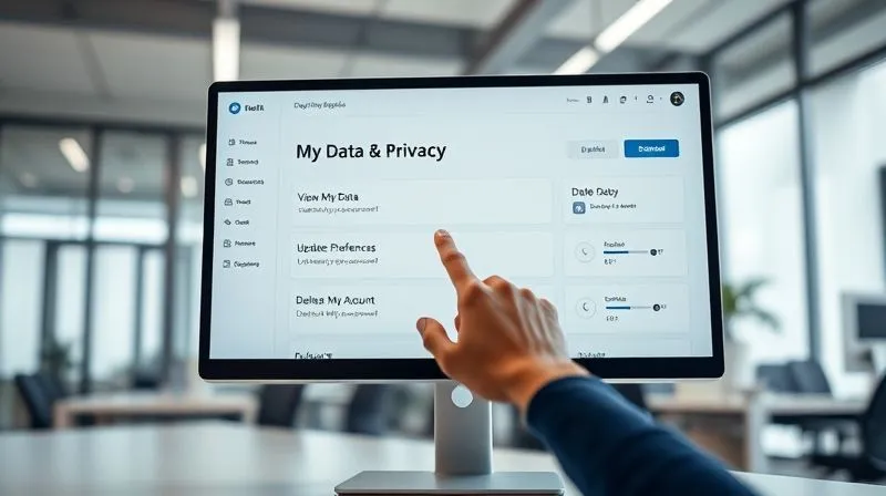 photorealistic, professional photography, 8K, cinematic lighting, sharp focus, depth of field, shot on a high-end DSLR. A clean, minimalist desktop computer screen displaying a 'My Data & Privacy' dashboard. The dashboard features clear sections for 'View My Data', 'Update Preferences', 'Download My Data', and 'Delete My Account'. There are prominent, easy-to-click buttons and toggle switches. A human hand is interacting with a mouse, pointing to the 'View My Data' section. The background is a modern, uncluttered office space.