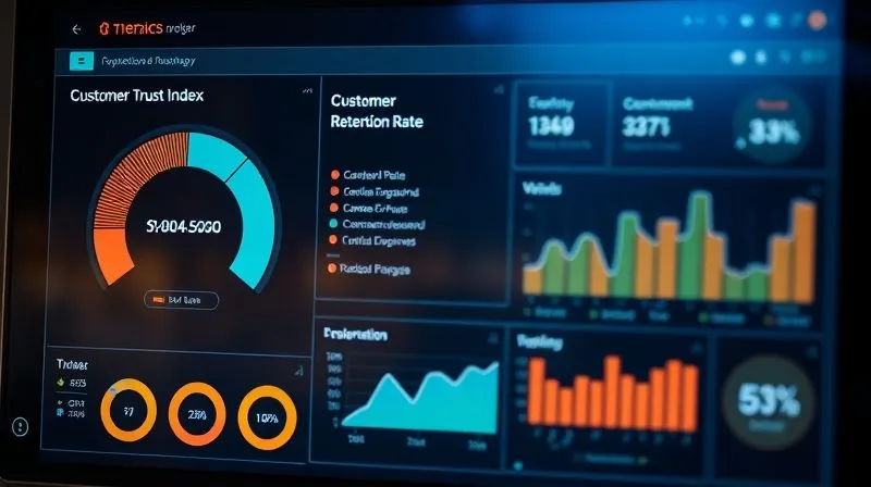 photorealistic, professional photography, 8K, cinematic lighting, sharp focus, depth of field, shot on a high-end DSLR. A sophisticated digital dashboard displaying various customer experience metrics. One prominent gauge shows 'Customer Trust Index' at a high level. Other graphs depict 'Customer Retention Rate steadily increasing' and 'Consent Opt-in Rate' with a healthy percentage. The screen has a clean, modern UI, and the overall impression is one of successful, data-driven ethical engagement.