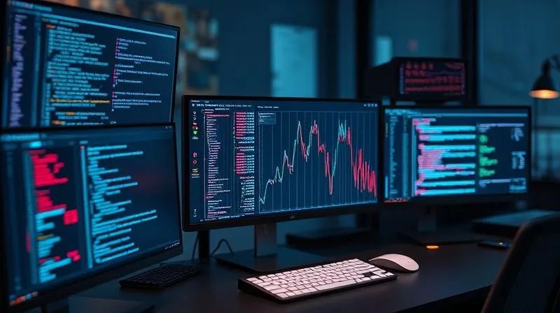 A photorealistic, professional photography shot of a data scientist's desk, with multiple monitors displaying complex machine learning algorithms, code, and a scatter plot showing a clear separation between 'stay' and 'leave' data points. The scene should be bathed in the soft glow of the screens, sharp focus on the central monitor, depth of field blurring the background, 8K, cinematic lighting, shot on a high-end DSLR. A photorealistic, professional photography shot of a data scientist's desk, with multiple monitors displaying complex machine learning algorithms, code, and a scatter plot showing a clear separation between 'stay' and 'leave' data points. The scene should be bathed in the soft glow of the screens, sharp focus on the central monitor, depth of field blurring the background, 8K, cinematic lighting, shot on a high-end DSLR.