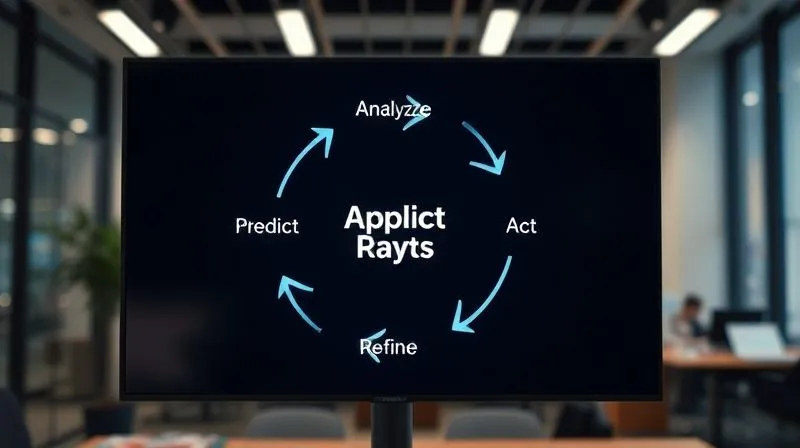 A photorealistic, professional photography shot of a cyclical diagram or flowchart on a digital screen, illustrating a continuous improvement loop: 'Analyze -> Predict -> Act -> Measure -> Refine', with arrows connecting each stage in a seamless flow. The screen should be within a modern office setting, 8K, cinematic lighting, sharp focus on the diagram, depth of field blurring the background, shot on a high-end DSLR. A photorealistic, professional photography shot of a cyclical diagram or flowchart on a digital screen, illustrating a continuous improvement loop: 'Analyze -> Predict -> Act -> Measure -> Refine', with arrows connecting each stage in a seamless flow. The screen should be within a modern office setting, 8K, cinematic lighting, sharp focus on the diagram, depth of field blurring the background, shot on a high-end DSLR.