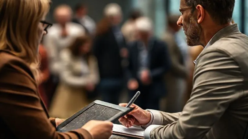 A professional conducting an empathetic interview, taking notes on a tablet, with a diverse background of people subtly blurred in the background, conveying a focus on individual insights. Photorealistic, professional photography, 8K, cinematic lighting, sharp focus on the interviewer and interviewee, depth of field.
