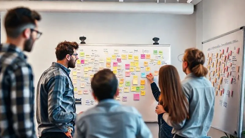 A diverse team brainstorming ideas around a whiteboard filled with sticky notes, illustrating rapid prototyping and iteration in a modern, collaborative workspace. Photorealistic, professional photography, 8K, cinematic lighting, sharp focus on the whiteboard and team interaction, depth of field.
