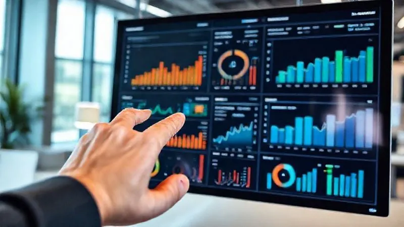 A data visualization dashboard with various charts and graphs, highlighting key performance indicators for a startup, with a hand pointing to a critical insight on a tablet, in a modern, well-lit office. Photorealistic, professional photography, 8K, cinematic lighting, sharp focus on the dashboard, depth of field.