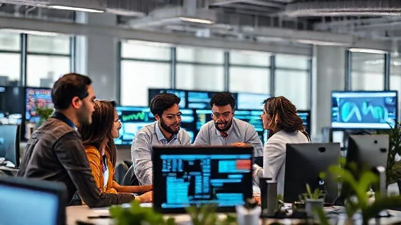 A group of diverse professionals collaboratively analyzing data on multiple screens in a modern, brightly lit office, conveying a culture of innovation and learning, with a sense of shared purpose. Photorealistic, professional photography, 8K, cinematic lighting, sharp focus on the team and their screens, depth of field.