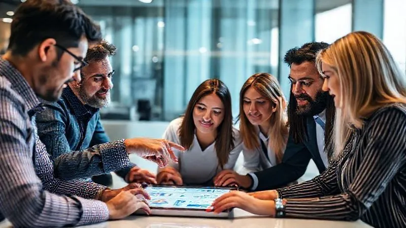 A photorealistic image of a diverse team of business professionals gathered around a tablet, intently reviewing data visualizations and customer feedback. One person is pointing to a specific metric, indicating analysis of an MVP or pilot program results. The atmosphere is collaborative and focused. Cinematic lighting, sharp focus on the tablet and faces, depth of field, 8K hyper-detailed. A photorealistic image of a diverse team of business professionals gathered around a tablet, intently reviewing data visualizations and customer feedback. One person is pointing to a specific metric, indicating analysis of an MVP or pilot program results. The atmosphere is collaborative and focused. Cinematic lighting, sharp focus on the tablet and faces, depth of field, 8K hyper-detailed.