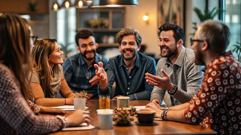A diverse group of friends or colleagues engaged in a lively discussion around a coffee table, one person gesturing enthusiastically, indicating a brainstorming session or sharing ideas. Photorealistic, professional photography, 8K, cinematic lighting, sharp focus on the group, depth of field blurring the background, shot on a high-end DSLR.
