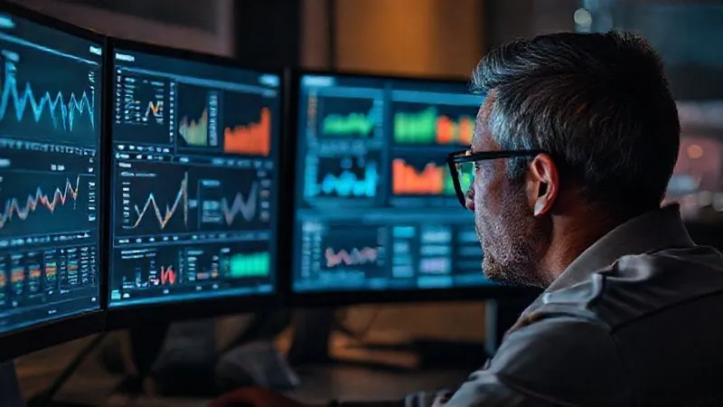 A person intently gazing at multiple computer screens displaying various data visualizations, graphs, and competitor websites. The scene should convey deep analytical thought and strategic planning, with soft, ambient lighting. Photorealistic, professional photography, 8K, cinematic lighting, sharp focus on the person's face and the screens, depth of field. Shot on a high-end DSLR.