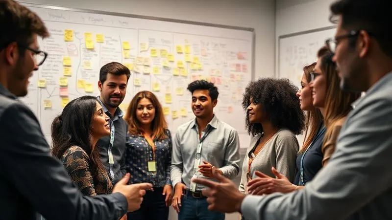 A photorealistic, professional photography, 8K, cinematic lighting image of a diverse group of young professionals engaged in an intense brainstorming session, surrounded by whiteboards filled with sticky notes and persona maps, sharp focus on their collaborative energy, depth of field, shot on a high-end DSLR, conveying focused problem-solving and strategic planning.