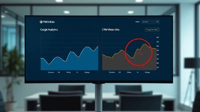 A photorealistic dashboard on a large monitor, displaying two identical line charts side-by-side, one labeled 'Google Analytics Sessions' in blue and the other 'CRM Website Visits' in orange. The lines are mostly aligned but show a clear divergence in the last quarter, highlighted by a red circle. The dashboard is clean, professional, and surrounded by a blurred office environment. 8K, cinematic lighting, sharp focus, depth of field.