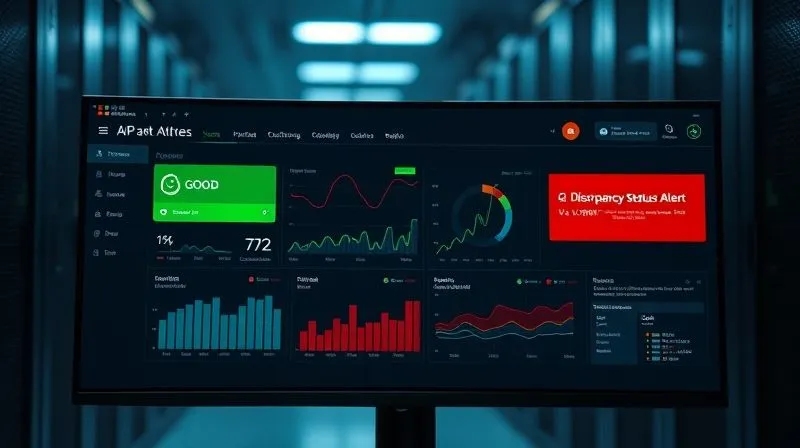 A photorealistic, sleek dark-themed dashboard on a large monitor, displaying real-time data monitoring. On the left, a green 'Data Health Status: GOOD' indicator. On the right, a red 'Discrepancy Alert: GA vs. CRM Conversions > 15%' notification with flashing text. Charts and graphs show various metrics with subtle green and red highlights. The background is a blurred, modern data center. 8K, cinematic lighting, sharp focus, depth of field.