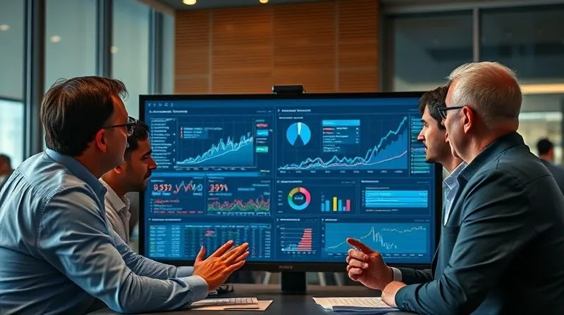 A photorealistic, professional photography, 8K, cinematic lighting, sharp focus, depth of field, shot on a high-end DSLR, showing a diverse business team (data scientists, marketing, finance) gathered around a large monitor displaying complex data visualizations and forecast charts, engaged in a deep discussion, emphasizing collaboration and contextual understanding of data. A photorealistic, professional photography, 8K, cinematic lighting, sharp focus, depth of field, shot on a high-end DSLR, showing a diverse business team (data scientists, marketing, finance) gathered around a large monitor displaying complex data visualizations and forecast charts, engaged in a deep discussion, emphasizing collaboration and contextual understanding of data.