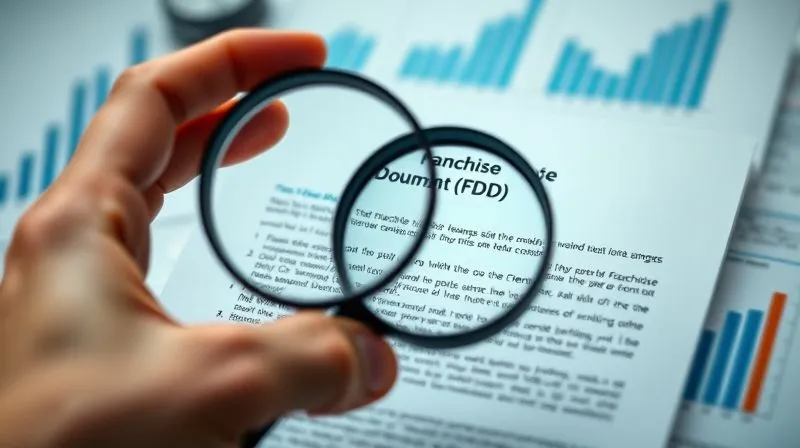 photorealistic, professional photography, 8K, cinematic lighting, sharp focus, depth of field, shot on a high-end DSLR, a close-up of a hand holding a magnifying glass over a page of a complex legal document titled 'Franchise Disclosure Document (FDD)', with sections like 'Item 19' highlighted. The background shows blurred financial charts and graphs, emphasizing meticulous examination of crucial details.