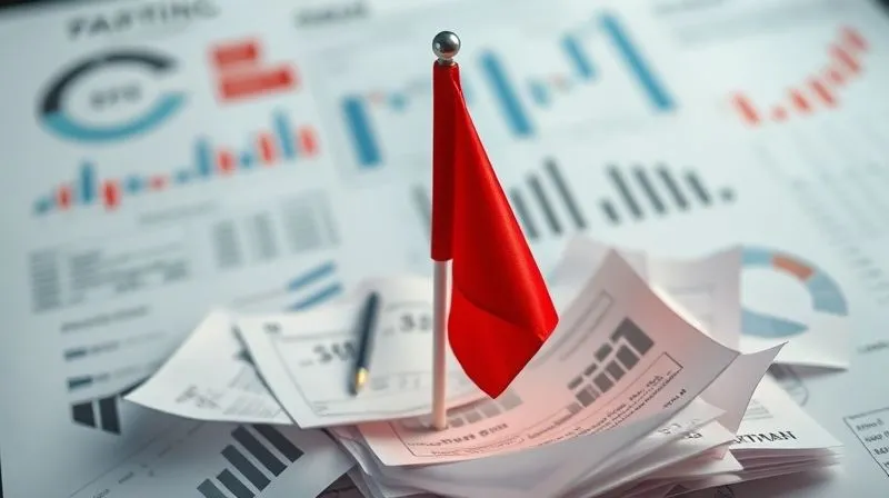 photorealistic, professional photography, 8K, cinematic lighting, sharp focus, depth of field, shot on a high-end DSLR, a striking visual of a bright red warning flag planted firmly in a pile of complex, blurred financial documents and charts, with a subtle, ominous shadow cast over the scene, symbolizing financial red flags and caution in due diligence.