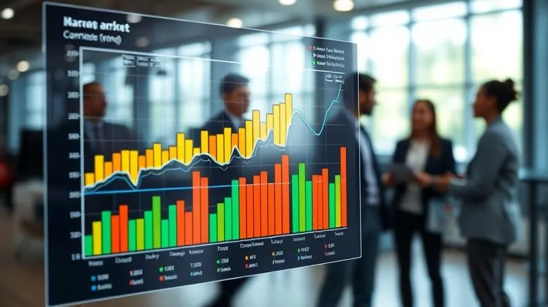 photorealistic, professional photography, 8K, cinematic lighting, sharp focus, depth of field, shot on a high-end DSLR, a vibrant, multi-layered bar chart and line graph on a digital display, showing market growth trends and competitor analysis, with a diverse group of business professionals in the blurred background collaborating and discussing, symbolizing comprehensive market research and strategic planning.