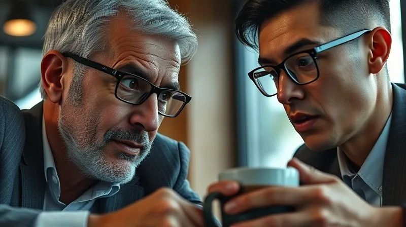 A photorealistic close-up of two diverse business leaders, one experienced and one younger, engaged in an intense, visionary discussion over a coffee, their faces reflecting passion and conviction. Cinematic lighting, sharp focus on their expressions, depth of field, 8K hyper-detailed. A photorealistic close-up of two diverse business leaders, one experienced and one younger, engaged in an intense, visionary discussion over a coffee, their faces reflecting passion and conviction. Cinematic lighting, sharp focus on their expressions, depth of field, 8K hyper-detailed.