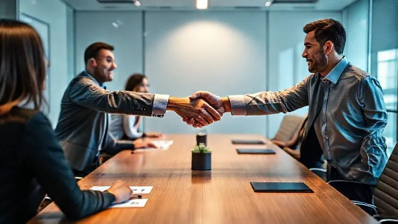 A photorealistic image of a diverse group of business professionals shaking hands firmly across a modern boardroom table, signifying trust and a successful partnership, with a warm, collaborative atmosphere. Professional photography, 8K, cinematic lighting, sharp focus, depth of field, shot on a high-end DSLR.