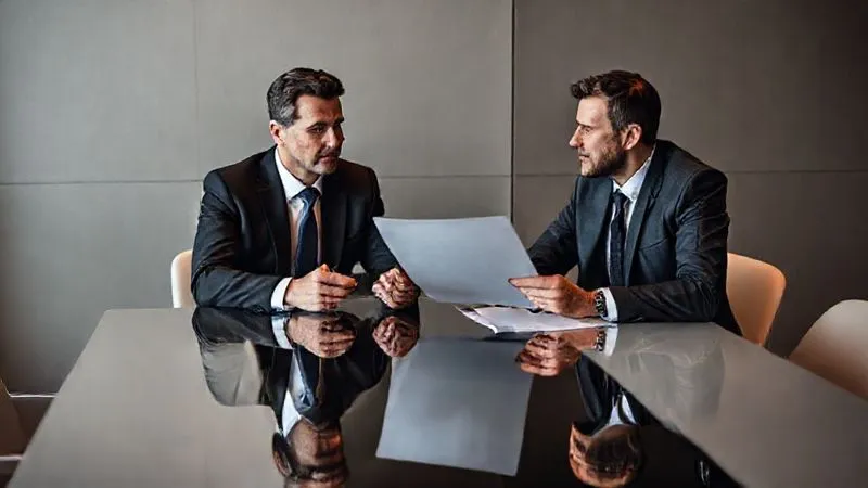 A photorealistic image of two business negotiators at a sleek, minimalist table, one confidently presenting a value-driven proposal while the other listens intently, the atmosphere is professional and focused on mutual benefit. Professional photography, 8K, cinematic lighting, sharp focus, depth of field, shot on a high-end DSLR.