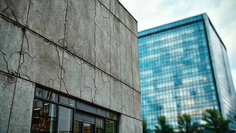 A photorealistic, professional photography, 8K, cinematic lighting, sharp focus, depth of field, shot on a high-end DSLR, depicting a franchisor's corporate office building with visible cracks and signs of disrepair, juxtaposed against a modern, sleek competitor's building in the background, symbolizing a lack of investment and innovation. A photorealistic, professional photography, 8K, cinematic lighting, sharp focus, depth of field, shot on a high-end DSLR, depicting a franchisor's corporate office building with visible cracks and signs of disrepair, juxtaposed against a modern, sleek competitor's building in the background, symbolizing a lack of investment and innovation.