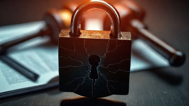 A photorealistic image of a digital lock with visible cracks and fissures, symbolizing vulnerability and compromise. Behind the lock, blurred legal documents and a gavel are subtly visible. Cinematic lighting, sharp focus on the cracked lock, depth of field blurring the background, 8K hyper-detailed, professional photography, shot on a high-end DSLR.