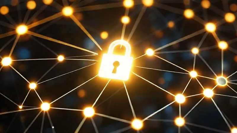 A photorealistic image of a complex digital network diagram with glowing, interconnected secure nodes, symbolizing a robust and resilient cybersecurity infrastructure. A small, prominent padlock icon is integrated into the center of the network, with subtle legal imagery (like a blurred gavel) in the background. Cinematic lighting, sharp focus on the network, depth of field, 8K hyper-detailed, professional photography, shot on a high-end DSLR.