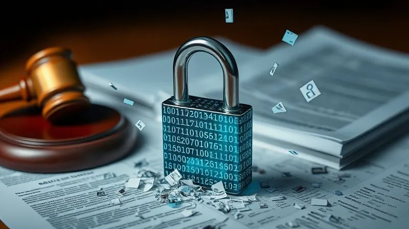 A photorealistic image of a digital lock shattering into binary code fragments, with legal documents and a gavel in the background, symbolizing a data breach and its legal ramifications. Cinematic lighting, sharp focus on the lock, depth of field. 8K hyper-detailed. A photorealistic image of a digital lock shattering into binary code fragments, with legal documents and a gavel in the background, symbolizing a data breach and its legal ramifications. Cinematic lighting, sharp focus on the lock, depth of field. 8K hyper-detailed.