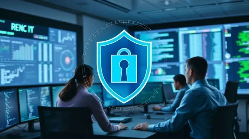 A photorealistic, professional photography shot of a cybersecurity team in a modern control room, intently reviewing data on large screens, with a digital shield icon overlayed, symbolizing post-breach analysis and enhanced prevention. Cinematic lighting, sharp focus, depth of field. 8K hyper-detailed. A photorealistic, professional photography shot of a cybersecurity team in a modern control room, intently reviewing data on large screens, with a digital shield icon overlayed, symbolizing post-breach analysis and enhanced prevention. Cinematic lighting, sharp focus, depth of field. 8K hyper-detailed.