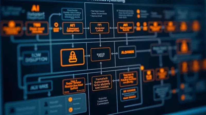 A photorealistic image of a detailed flowchart for business processes, with glowing AI icons highlighting specific areas of high impact and low disruption. Professional photography, 8K, cinematic lighting, sharp focus on the highlighted areas, depth of field blurring the background, shot on a high-end DSLR. A photorealistic image of a detailed flowchart for business processes, with glowing AI icons highlighting specific areas of high impact and low disruption. Professional photography, 8K, cinematic lighting, sharp focus on the highlighted areas, depth of field blurring the background, shot on a high-end DSLR.