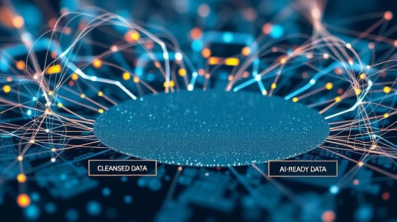 A photorealistic image showing a complex network of data streams converging into a clean, organized data lake, with clear labels for 'cleansed data' and 'AI-ready data'. Professional photography, 8K, cinematic lighting, sharp focus on the data lake, depth of field blurring the background, shot on a high-end DSLR. A photorealistic image showing a complex network of data streams converging into a clean, organized data lake, with clear labels for 'cleansed data' and 'AI-ready data'. Professional photography, 8K, cinematic lighting, sharp focus on the data lake, depth of field blurring the background, shot on a high-end DSLR.