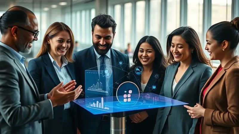 A photorealistic image of diverse business professionals collaborating around a holographic interface displaying AI-driven insights, smiling and engaged, symbolizing empowerment and seamless integration. Professional photography, 8K, cinematic lighting, sharp focus on the interaction, depth of field blurring the background, shot on a high-end DSLR. A photorealistic image of diverse business professionals collaborating around a holographic interface displaying AI-driven insights, smiling and engaged, symbolizing empowerment and seamless integration. Professional photography, 8K, cinematic lighting, sharp focus on the interaction, depth of field blurring the background, shot on a high-end DSLR.