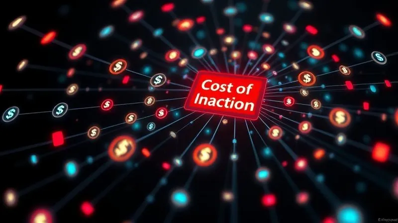 A photorealistic image of a complex web of interconnected risks and benefits, represented by glowing nodes and lines, with some nodes showing dollar signs (costs) and others showing upward arrows (benefits). The central focus is on a large, ominous red 'cost of inaction' node. Cinematic lighting, sharp focus, depth of field blurring the distant nodes, 8K hyper-detailed, shot on a high-end DSLR. Render the data visualization within a modern, clean digital interface.