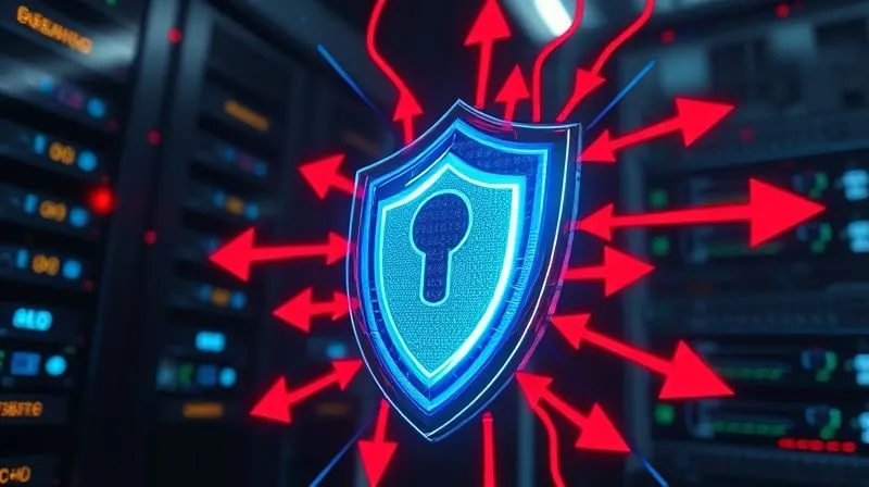 A photorealistic image of a complex digital shield deflecting multiple glowing red arrows representing cyber threats, protecting a fortress-like server farm. The shield emanates a soft, protective blue light, symbolizing risk mitigation. Cinematic lighting, sharp focus on the shield and deflected threats, depth of field blurring the background, 8K hyper-detailed, shot on a high-end DSLR.