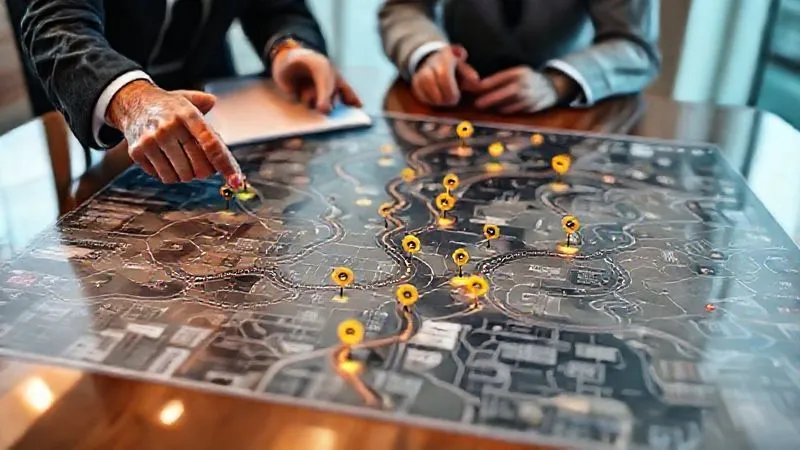 A photorealistic image of a detailed strategic roadmap laid out on a polished conference table, with miniature interconnected pathways and glowing markers representing milestones and key accounts. Professional hands are seen pointing to different sections, emphasizing collaboration. Cinematic lighting, sharp focus on the roadmap, depth of field blurring the background, 8K hyper-detailed, shot on a high-end DSLR.