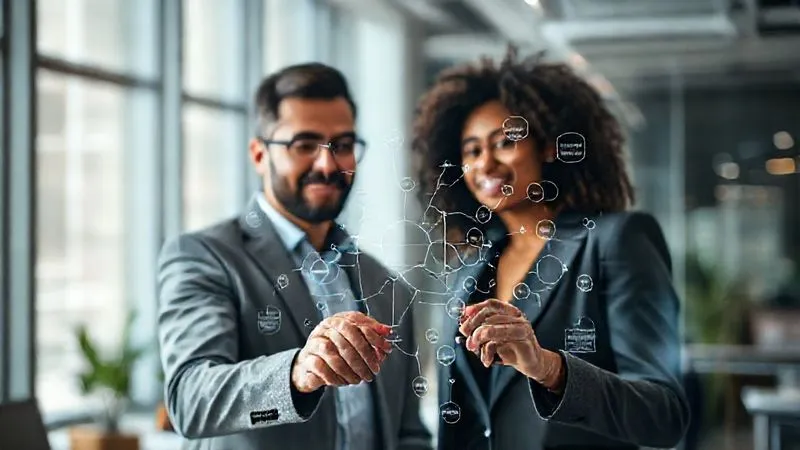 A photorealistic image of two diverse professionals, one from the client side and one from the vendor side, collaboratively sketching a complex growth strategy on a transparent digital whiteboard. The lines and ideas are interconnected, symbolizing co-creation and mutual benefit. Modern, bright office setting, cinematic lighting, sharp focus on the whiteboard, depth of field blurring the background, 8K hyper-detailed, shot on a high-end DSLR.