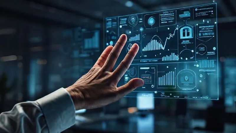 A photorealistic image showing a human hand reaching out to interact with a holographic interface displaying complex data visualizations, charts, and interconnected client relationship networks. The background is a futuristic, dimly lit office, emphasizing the blend of human intuition and advanced technology in key account management. Cinematic lighting, sharp focus on the hands and interface, depth of field, 8K hyper-detailed, shot on a high-end DSLR.