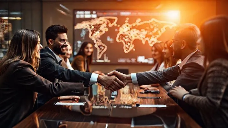 A photorealistic image of a diverse team of professionals shaking hands confidently around a modern boardroom table, with a large digital display in the background showing positive growth charts and interconnected global networks. The atmosphere is one of mutual success and partnership, with warm, inviting cinematic lighting. Sharp focus on the handshake and faces, depth of field blurring the background, 8K hyper-detailed, shot on a high-end DSLR.