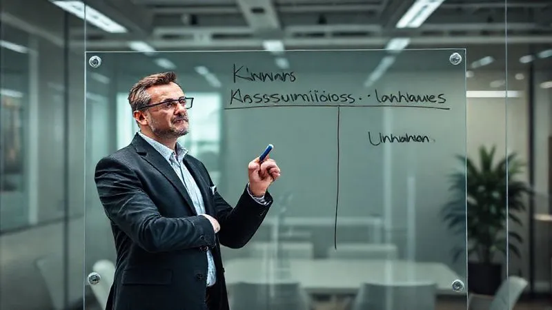 A photorealistic image of a business leader standing in front of a large transparent whiteboard, using dry-erase markers to categorize data points into 'Knowns', 'Assumptions', and 'Unknowns'. The leader is thoughtfully pointing, with their face in sharp focus, cinematic lighting, professional photography, 8K, depth of field blurring the background office. Shot on a high-end DSLR.