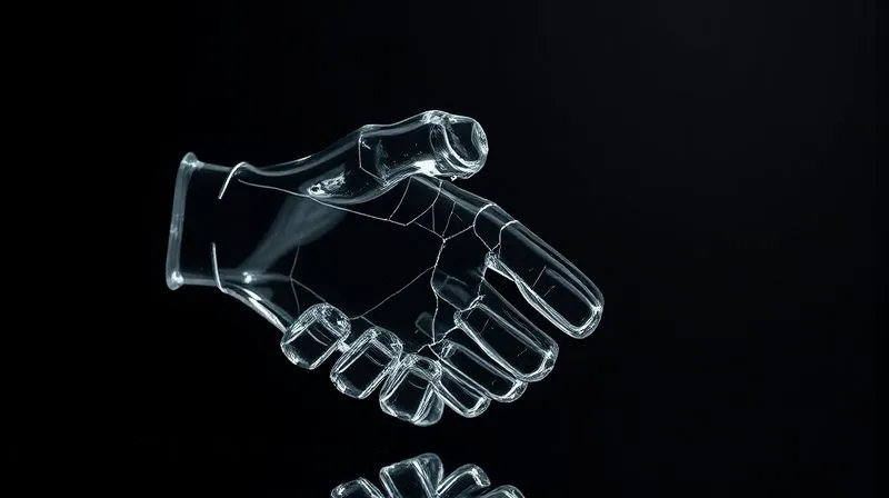 A photorealistic image of a fragile glass sculpture of a handshake, with cracks visibly forming, set against a dark, dramatic background. Cinematic lighting highlights the stress points. Professional photography, 8K, sharp focus, depth of field, shot on a high-end DSLR.