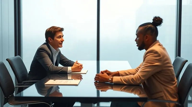 A photorealistic image of two individuals sitting at a modern, polished conference table, facing each other, with a neutral third party (mediator) gently guiding the conversation. The atmosphere is tense but hopeful, with soft, professional lighting. Professional photography, 8K, sharp focus on the faces, depth of field blurring the background, shot on a high-end DSLR.