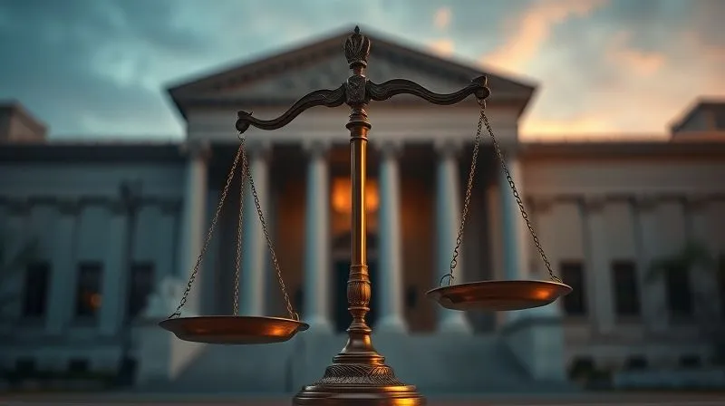 A photorealistic image depicting a set of old, heavy brass scales of justice, perfectly balanced, against a blurred background of a modern, imposing courthouse facade at dusk. Cinematic lighting, sharp focus on the scales, depth of field. Professional photography, 8K, shot on a high-end DSLR.