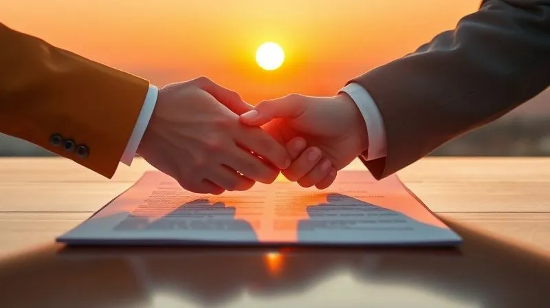 A photorealistic image of two hands shaking firmly over a newly signed legal document, with a sunrise in the background symbolizing a new beginning. The scene is bright and optimistic, professional photography, 8K, cinematic lighting, sharp focus on the hands and document, depth of field blurring the background, shot on a high-end DSLR.